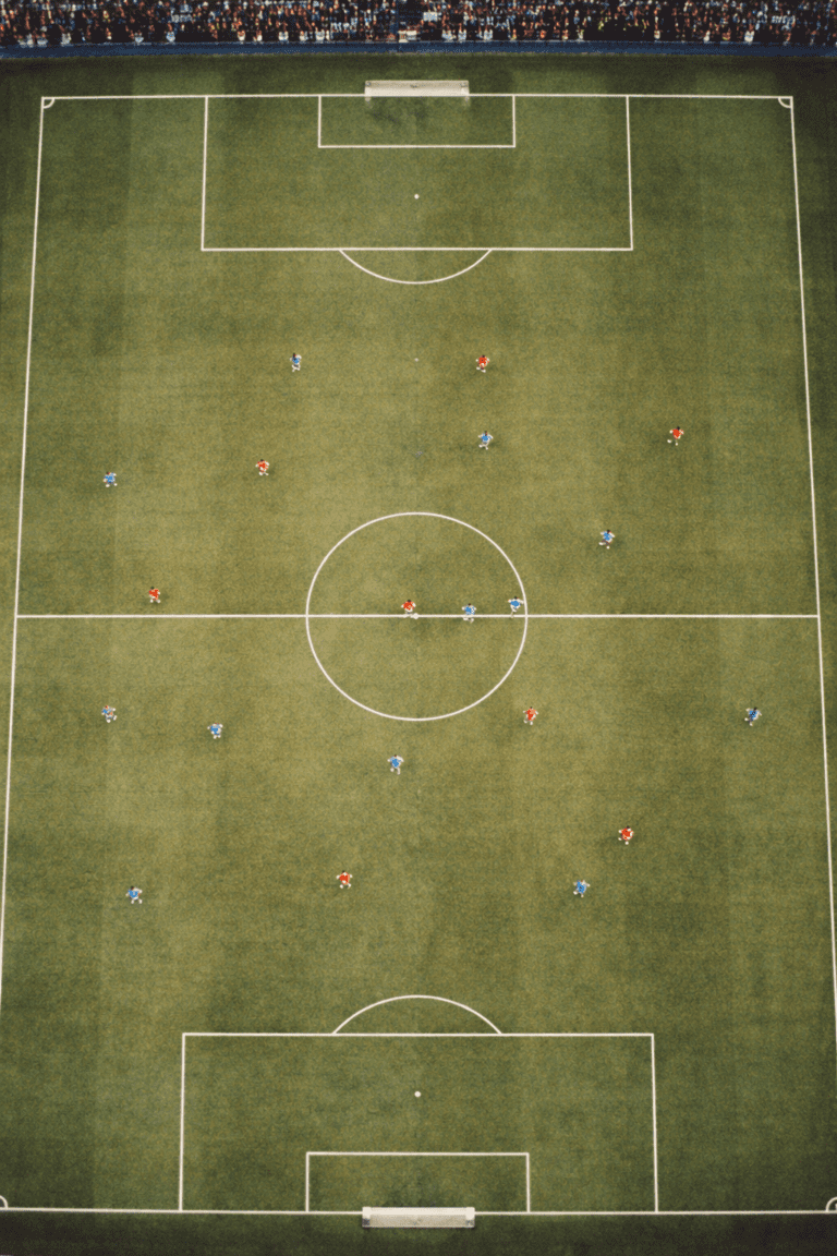 Bird's eye view of a football match in progress, players spread across the pitch