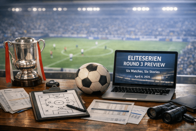 Eliteserien Round 3 preview setup with trophy, football, tactical clipboard and statistics sheets on a desk overlooking a stadium, April 6 2026