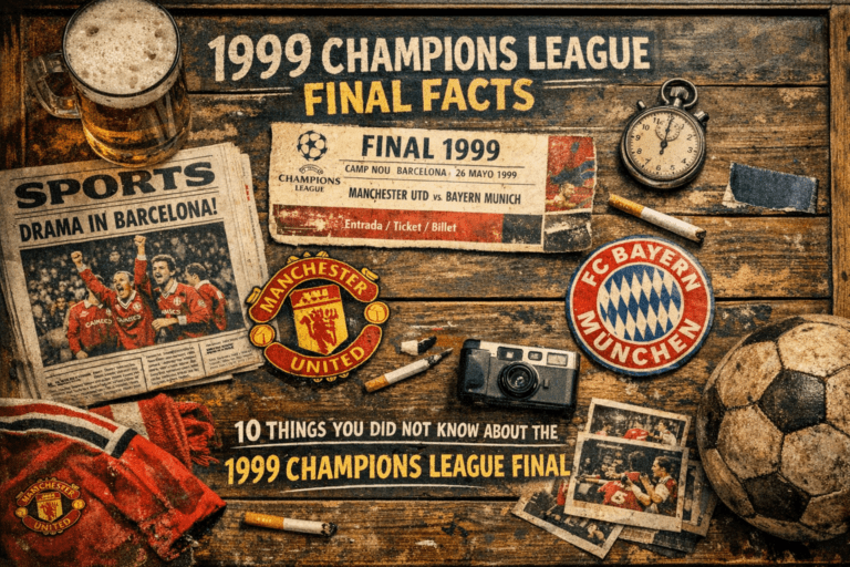 1999 Champions League final facts — Manchester United vs Bayern Munich memorabilia including match ticket and newspaper from Barcelona