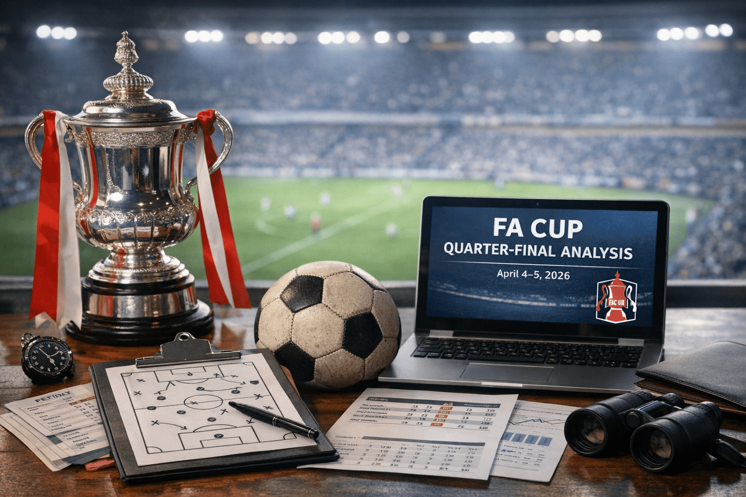 FA Cup quarter-final analysis setup with trophy, football, tactical clipboard and statistics sheets on a desk with a stadium in the background, April 2026