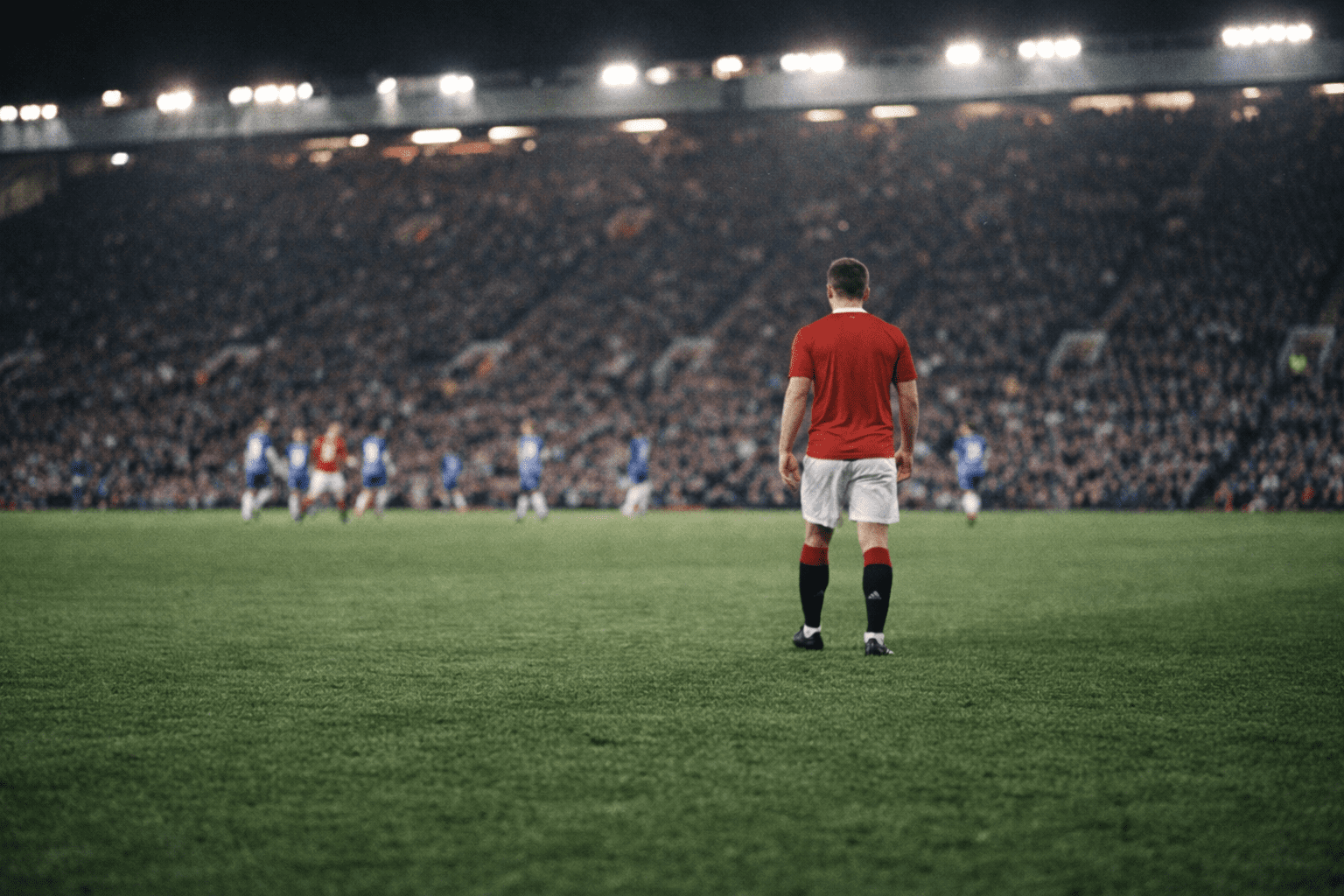 A footballer standing alone in midfield during a night match
