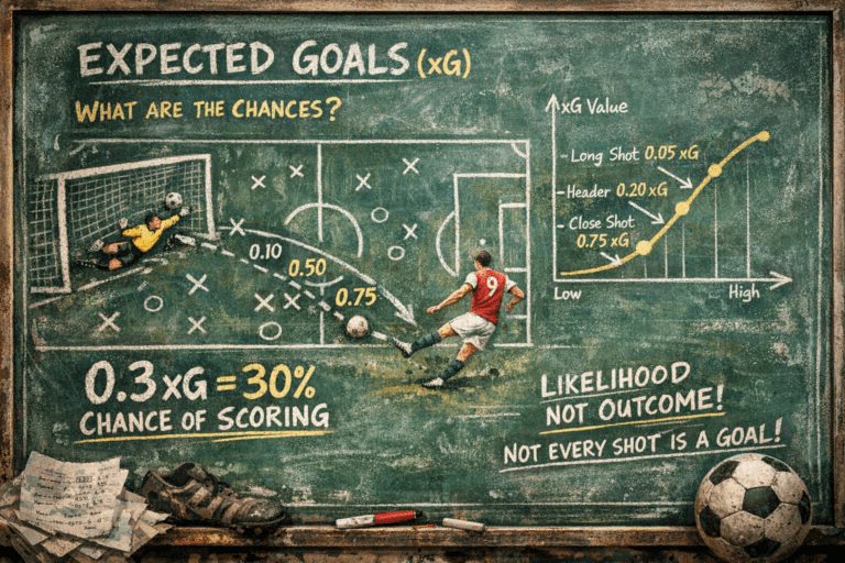 Expected goals xG explained — chalkboard diagram showing shot probability values and xG scale in football