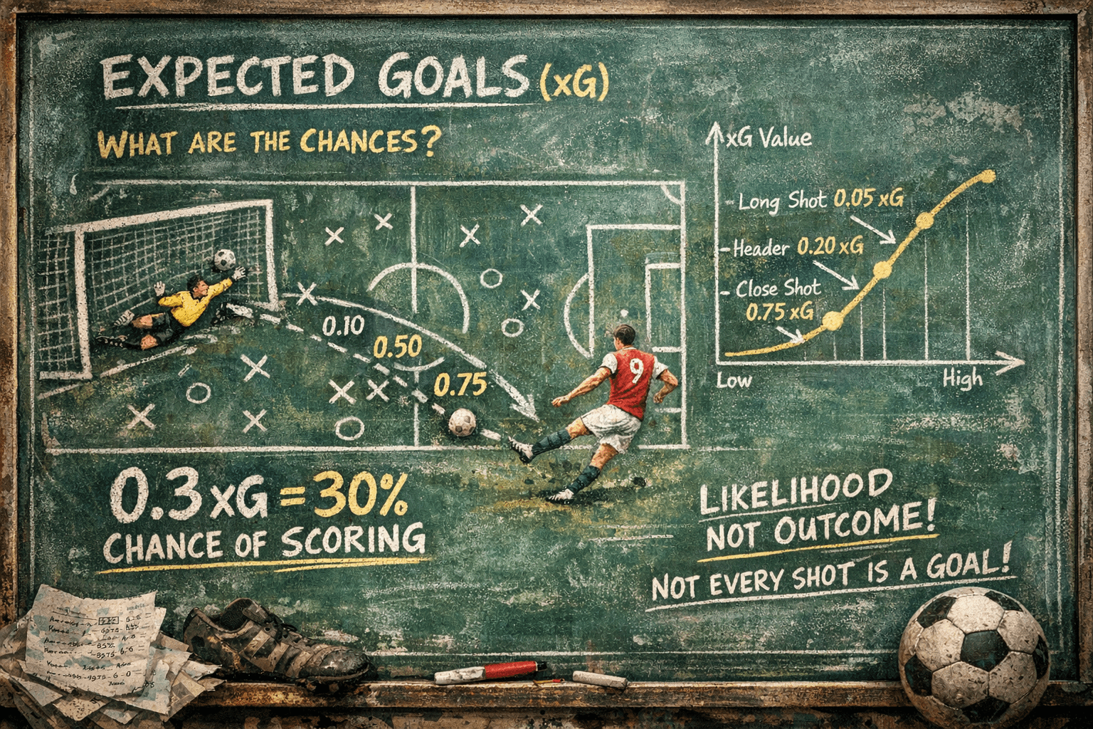 Expected goals xG explained — chalkboard diagram showing shot probability values and xG scale in football